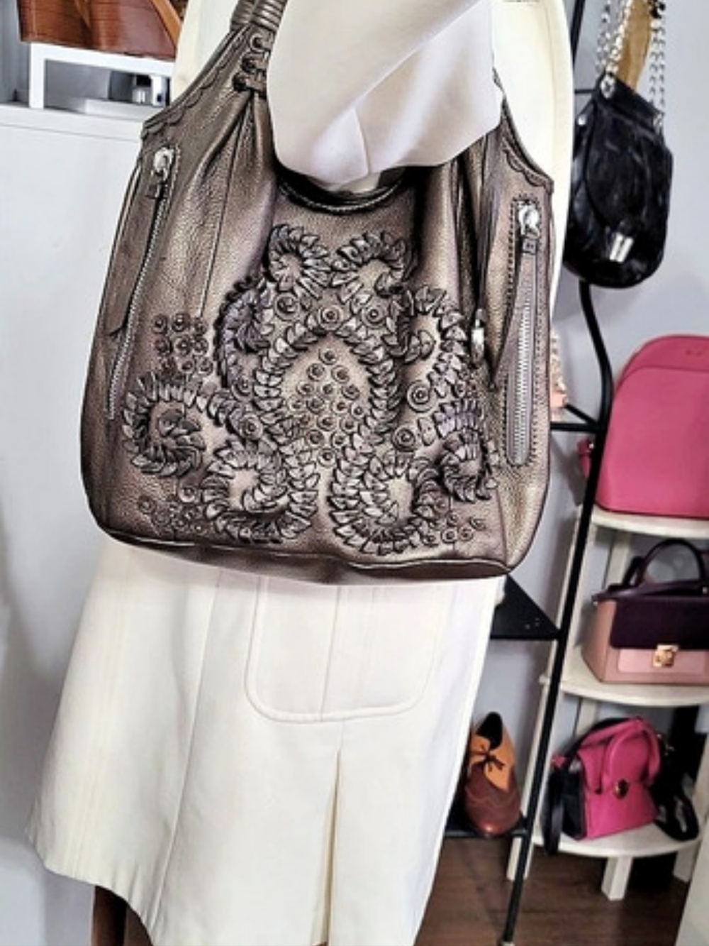BRIGHTON LOCKHEART RARE PINWHEEL FOREST SLATE 3D APPLIQUE SHOULDER HANDBAG